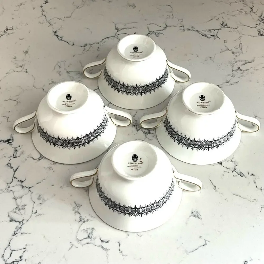 Wedgwood Astor Black On White Newer Footed Cream Soup Bowl Cup (Set of Four)